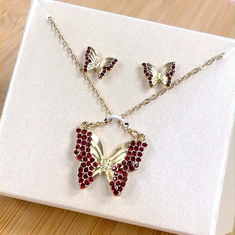 Brand New Butterfly Necklace & Post Earring Set Gold Tone Red Crystal Rhinestone